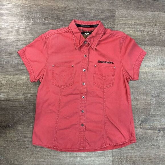 HARLEY-DAVIDSON WOMENS SHIRT SHORT SLEEVES MEDIUM METAL STARS - Picture 1 of 4